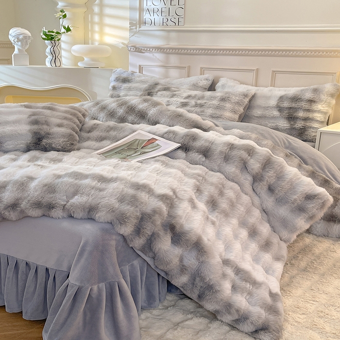 91家纺网 家纺一手货源 找家纺 绒世界 2024新款500克仿兔绒七彩大泡泡四件套 七彩-高级灰