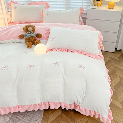 金麦家纺 2024新款花边款牛奶绒四件套 蝴蝶结-粉色