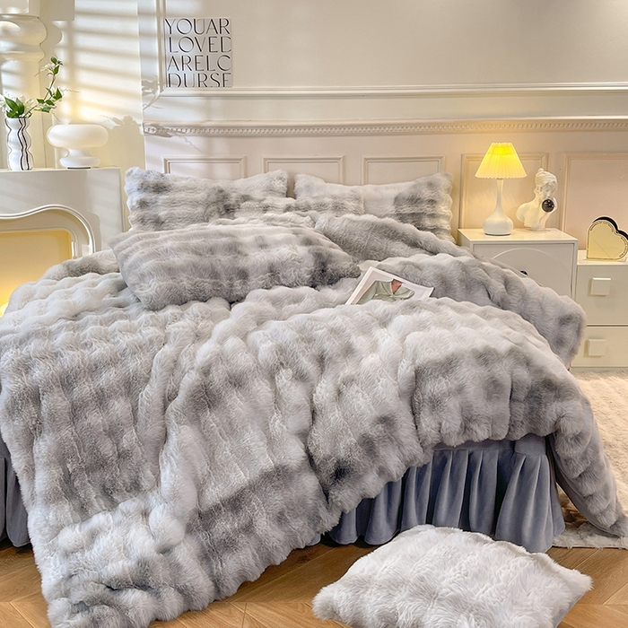 91家纺网 家纺一手货源 找家纺 绒世界 2024新款500克仿兔绒七彩大泡泡四件套 七彩-高级灰