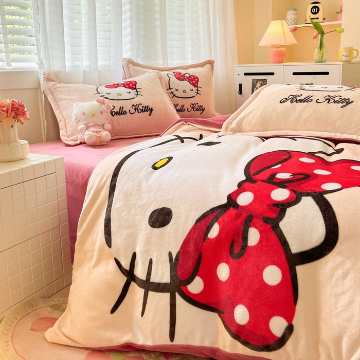 91家纺网 家纺一手货源 找家纺 金爱家 2024新款三丽鸥大版加厚牛奶绒四件套-第二批 蝴蝶kt