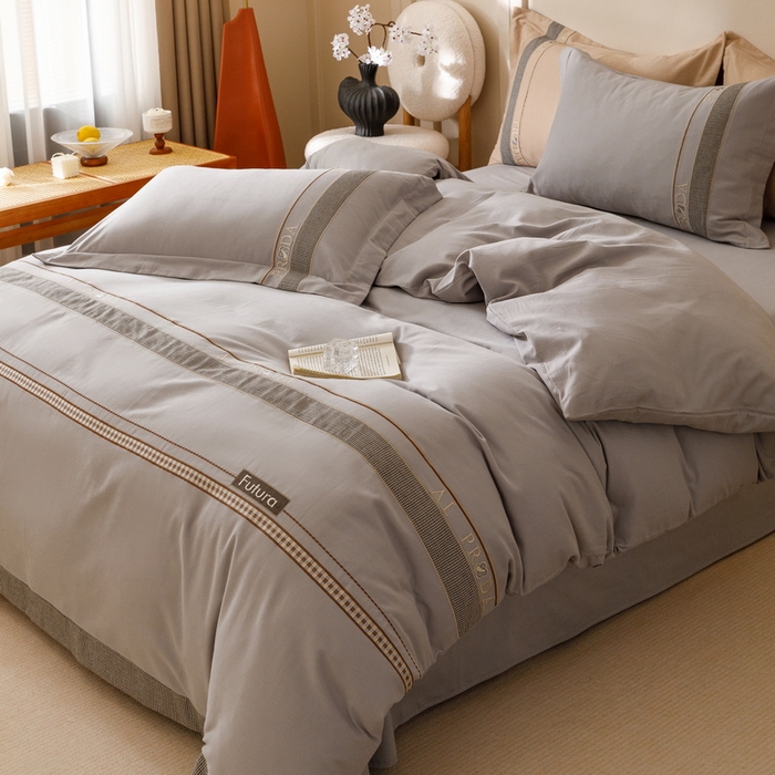 91家纺网 家纺一手货源 找家纺 2024新款A类云柔棉加密柔顺磨毛四件套千鸟格系列 千鸟格-卡其灰