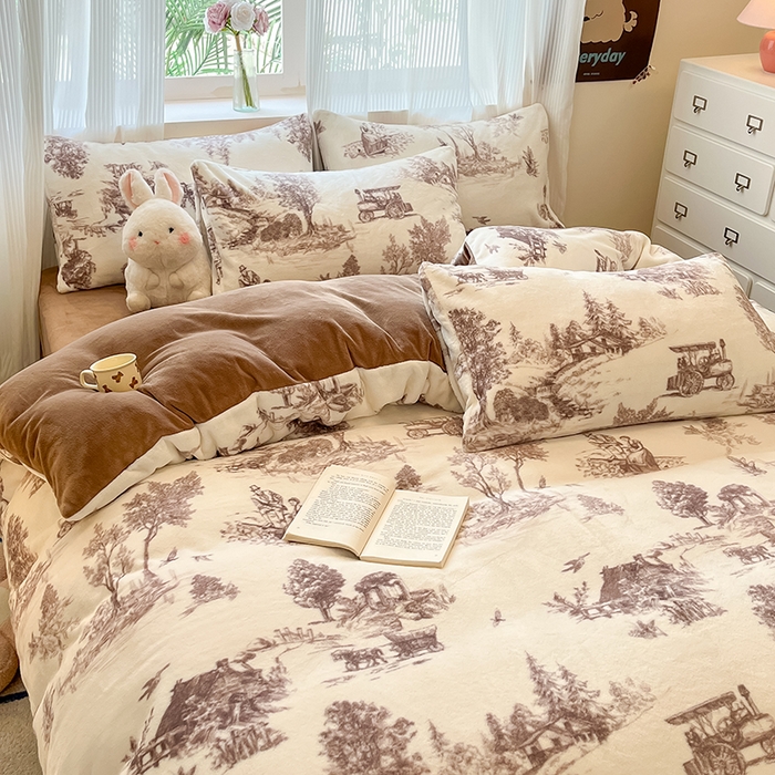 91家纺网 家纺一手货源 找家纺 慕澄家纺 2024新款小清新可爱印花牛奶绒加厚保暖四件套 山水