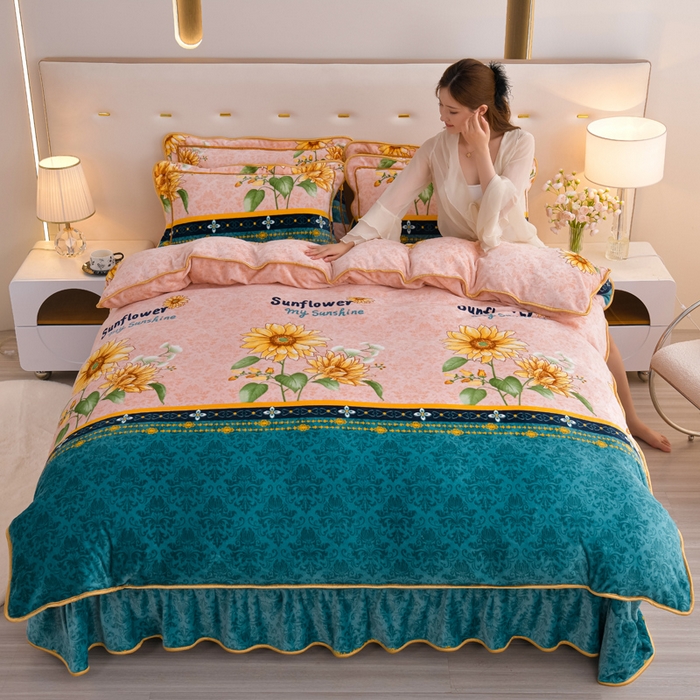 91家纺网 家纺一手货源 找家纺 阿亮家居 2024新款8.5斤保暖牛奶绒金貂绒床裙款四件套 葵花向日