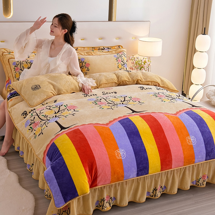 91家纺网 家纺一手货源 找家纺 阿亮家居 2024新款8.5斤保暖牛奶绒金貂绒床裙款四件套 浪漫玫瑰