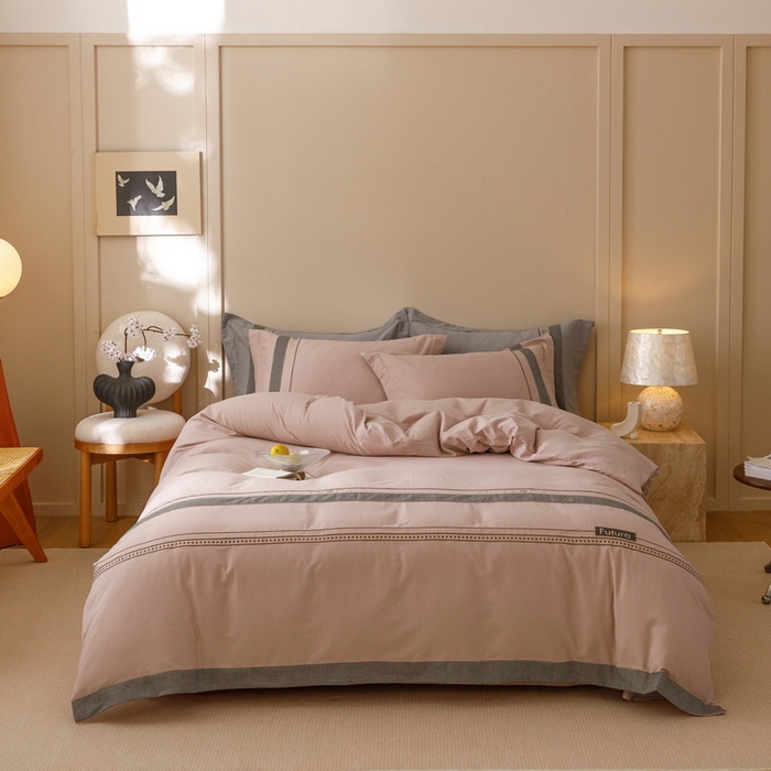 91家纺网 家纺一手货源 找家纺 2024新款A类云柔棉加密柔顺磨毛四件套千鸟格系列 千鸟格-浅豆沙