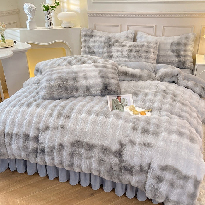 91家纺网 家纺一手货源 找家纺 绒世界 2024直播秋冬新款高克重500克床裙款泡泡四件套纯色印花系列  七彩-高级灰