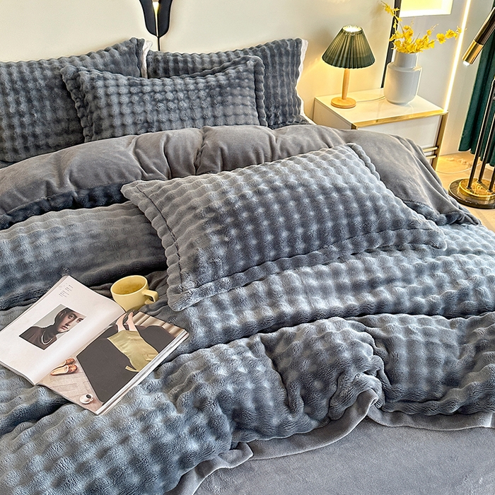 91家纺网 家纺一手货源 找家纺 芸锦豪 2024新款仿兔毛小泡泡兔兔绒兔毛绒四件套 深灰