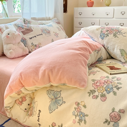 慕澄家纺 2024新款小清新可爱印花牛奶绒加厚保暖四件套 花篮兔