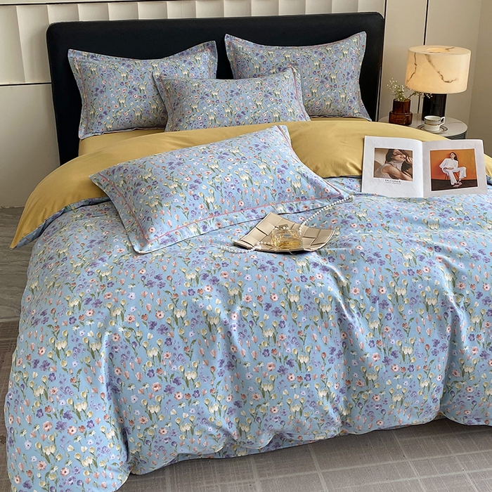 91家纺网 家纺一手货源 找家纺 2024新款全棉生态磨毛四件套 邻家小院(蓝)