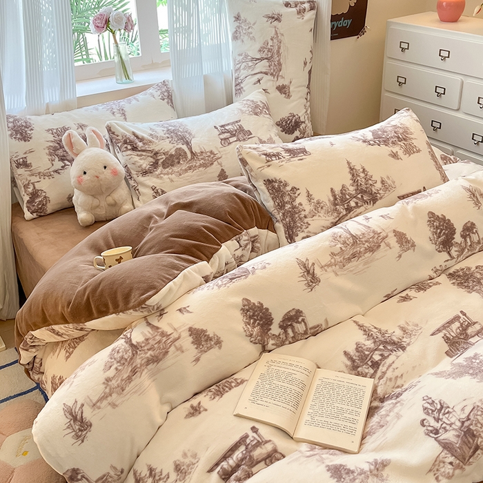 91家纺网 家纺一手货源 找家纺 慕澄家纺 2024新款小清新可爱印花牛奶绒加厚保暖四件套 山水