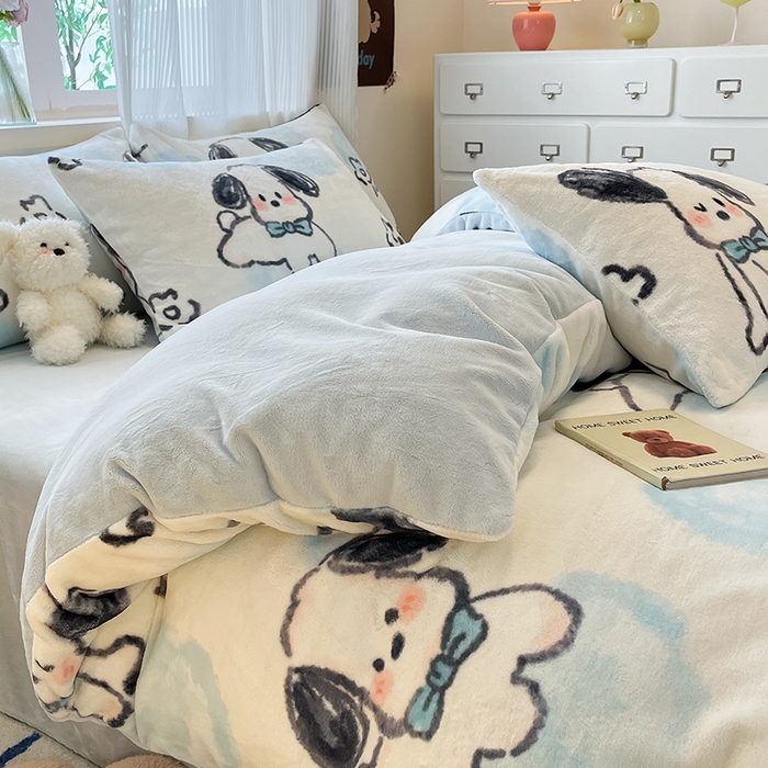 91家纺网 家纺一手货源 找家纺 慕澄家纺 2024新款小清新可爱印花牛奶绒加厚保暖四件套 趣味狗