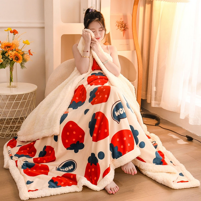 91家纺网 家纺一手货源 找家纺 2025新款毛毯AB版牛奶绒+羊羔绒毯子复合多功能午睡毯 草莓-兰