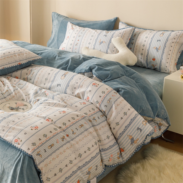 91家纺网 家纺一手货源 找家纺 2025新款三角针贝壳边棉加牛奶绒工艺款四件套 皮得兔