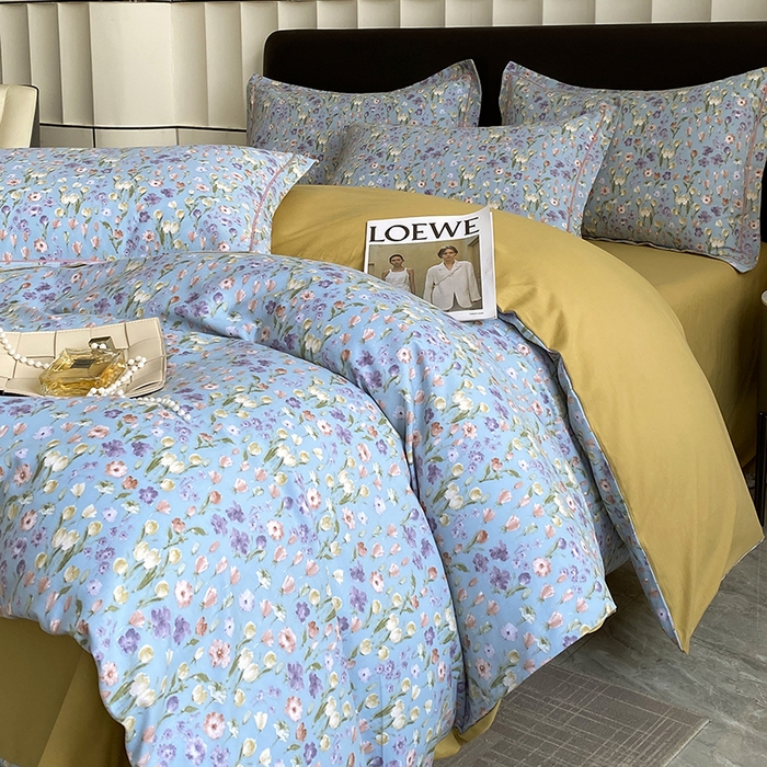 91家纺网 家纺一手货源 找家纺 2024新款全棉生态磨毛四件套 邻家小院(蓝)