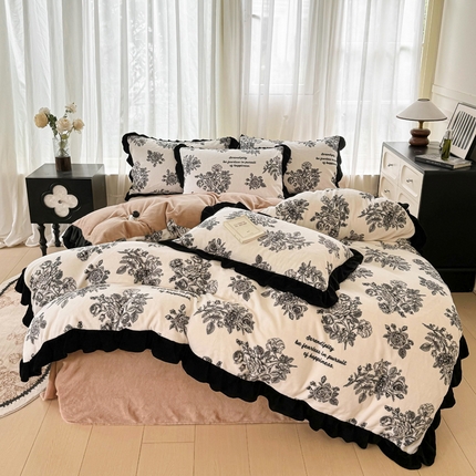 91家纺网 家纺一手货源 找家纺 米莱家纺 2024新款赫本系列花边牛奶绒四件套 赛琳