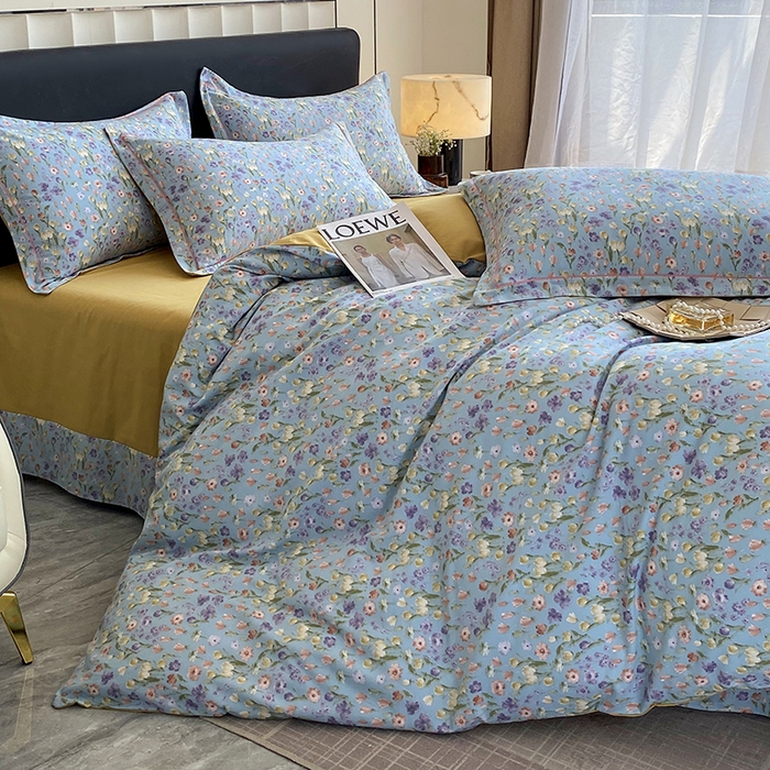 91家纺网 家纺一手货源 找家纺 2024新款全棉生态磨毛四件套 邻家小院(蓝)