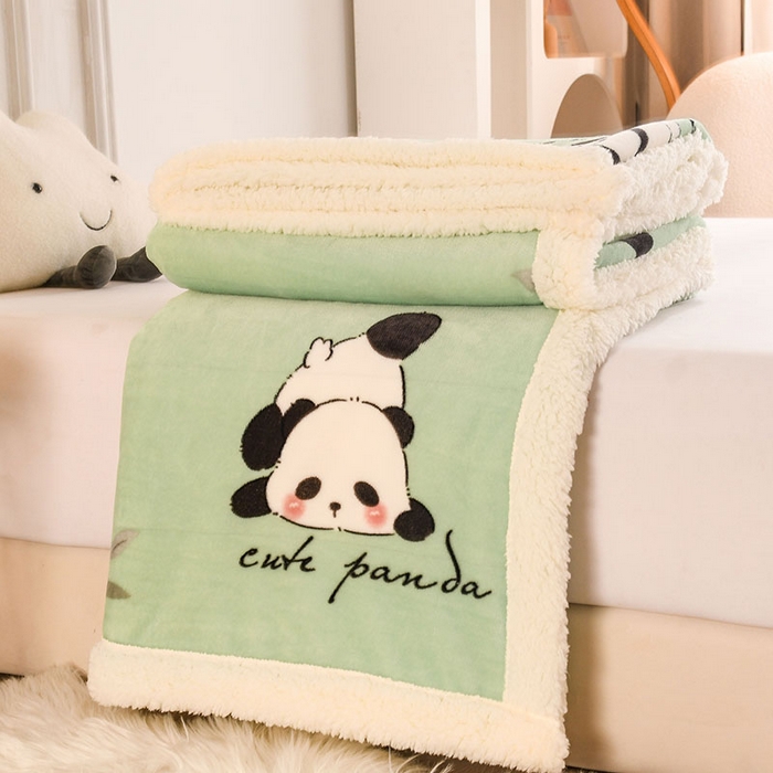 91家纺网 家纺一手货源 找家纺 2025新款毛毯AB版牛奶绒+羊羔绒毯子复合多功能午睡毯 熊猫-绿