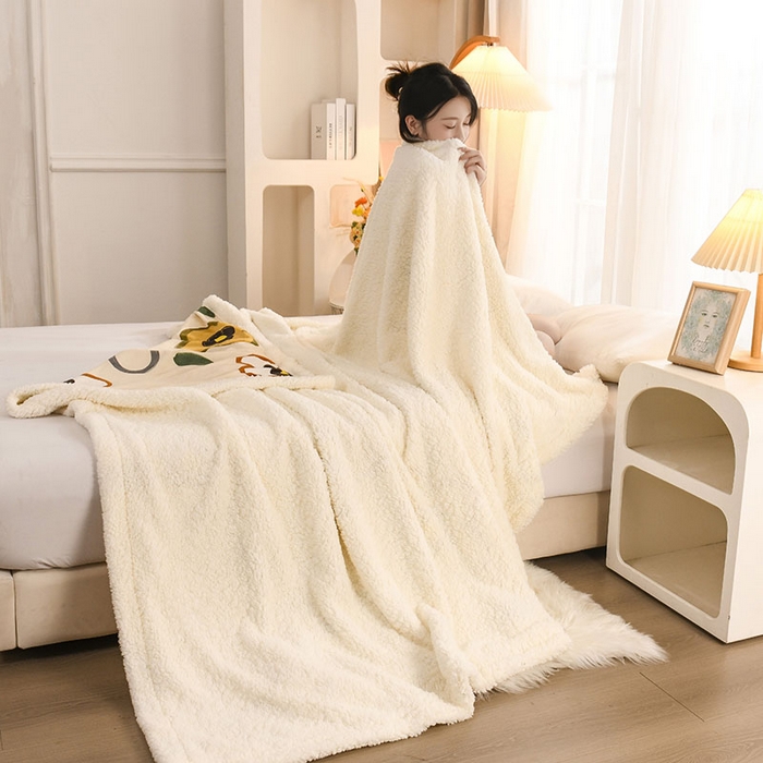 91家纺网 家纺一手货源 找家纺 2025新款毛毯AB版牛奶绒+羊羔绒毯子复合多功能午睡毯 向阳花-米白