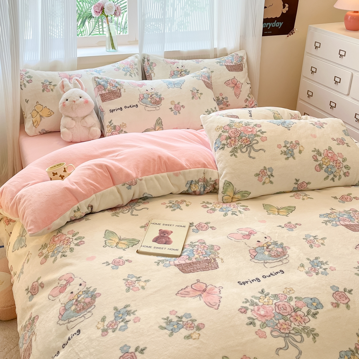 91家纺网 家纺一手货源 找家纺 慕澄家纺 2024新款小清新可爱印花牛奶绒加厚保暖四件套 花篮兔