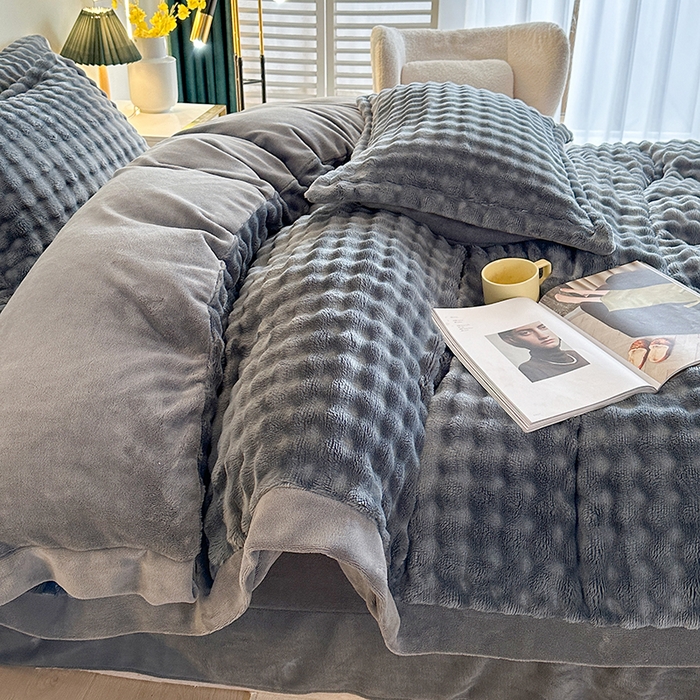 91家纺网 家纺一手货源 找家纺 芸锦豪 2024新款仿兔毛小泡泡兔兔绒兔毛绒四件套 深灰