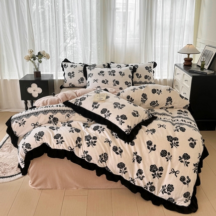 米莱家纺 2024新款赫本系列花边牛奶绒四件套 玫瑰庄园