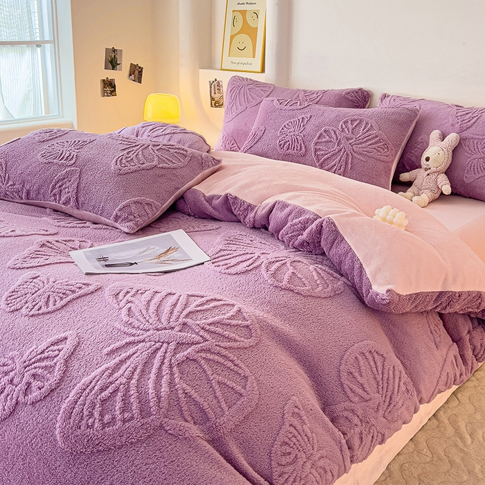 91家纺网 家纺一手货源 找家纺 梦之岛 2024新款高克重提花雕花牛奶绒四件套 蝴蝶公主-紫粉