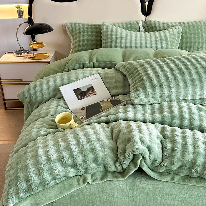 91家纺网 家纺一手货源 找家纺 芸锦豪 2024新款仿兔毛小泡泡兔兔绒兔毛绒四件套 茶绿