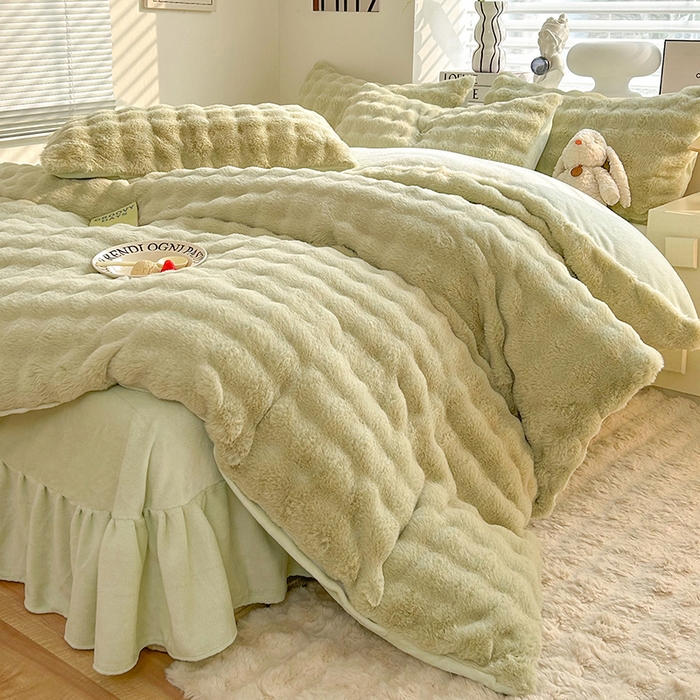 91家纺网 家纺一手货源 找家纺 绒世界 2024直播秋冬新款高克重500克床裙款泡泡四件套纯色印花系列  泡泡-抹茶绿