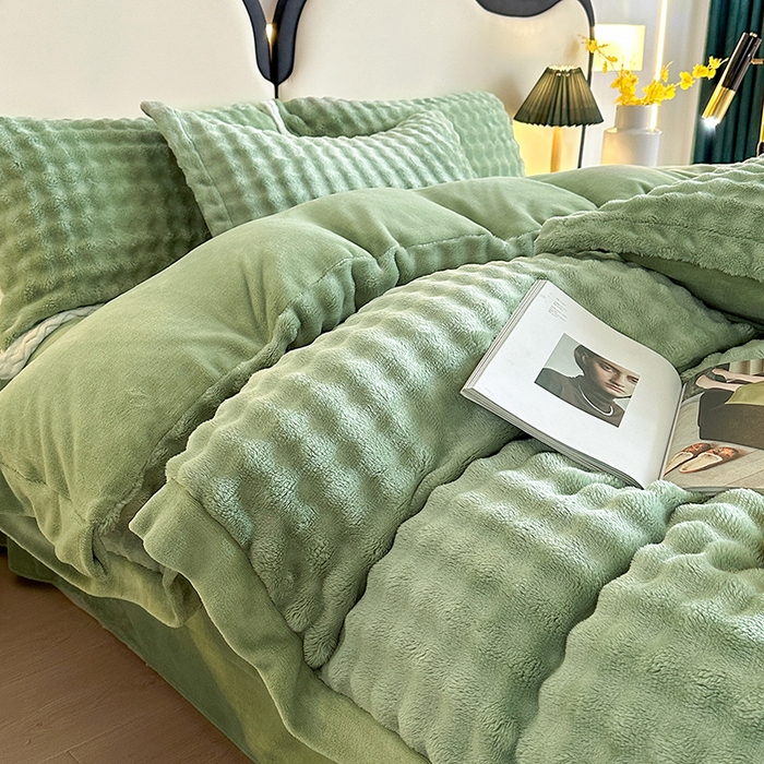 91家纺网 家纺一手货源 找家纺 芸锦豪 2024新款仿兔毛小泡泡兔兔绒兔毛绒四件套 茶绿