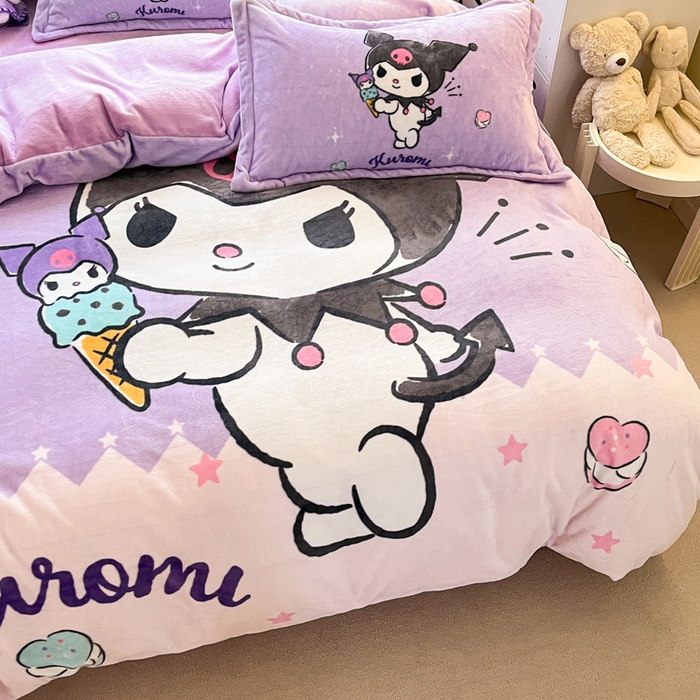 91家纺网 家纺一手货源 找家纺 金爱家 2024新款三丽鸥大版加厚牛奶绒四件套-第二批 冰淇淋库洛米