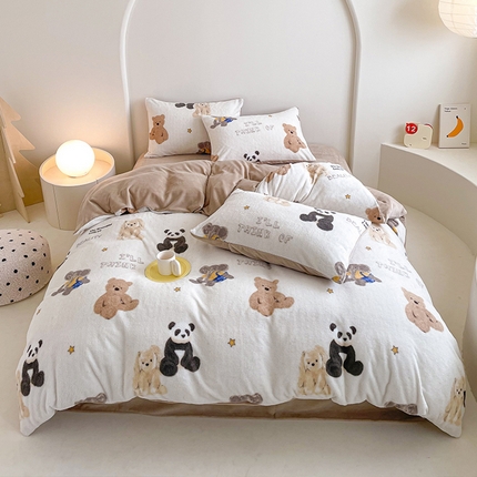 山茶家纺 2024新款舒棉绒牛奶绒印花四件套 舒棉绒萌熊