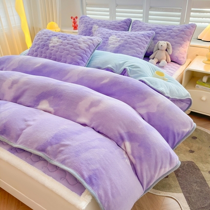 91家纺网 家纺一手货源 找家纺 2024秋冬新款牛奶绒加厚夹棉床褥垫+牛奶绒被套四件套炫彩