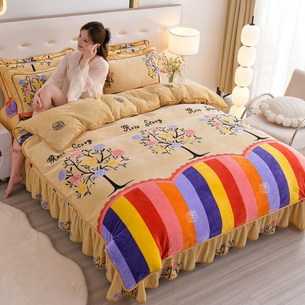 91家纺网 家纺一手货源 找家纺 阿亮家居 2024新款8.5斤保暖牛奶绒金貂绒床裙款四件套 浪漫玫瑰