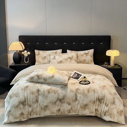 嗯呢家纺 2024新款A类高克重全消光雪貂绒扎染风四件套-七彩 七彩-咖