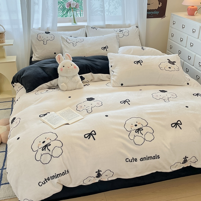 91家纺网 家纺一手货源 找家纺 慕澄家纺 2024新款小清新可爱印花牛奶绒加厚保暖四件套 快乐伙伴