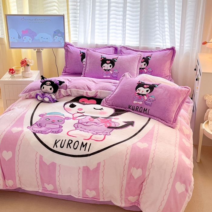 91家纺网 家纺一手货源 找家纺 金爱家 2024新款三丽鸥大版加厚牛奶绒四件套-第二批 爱心库洛米-