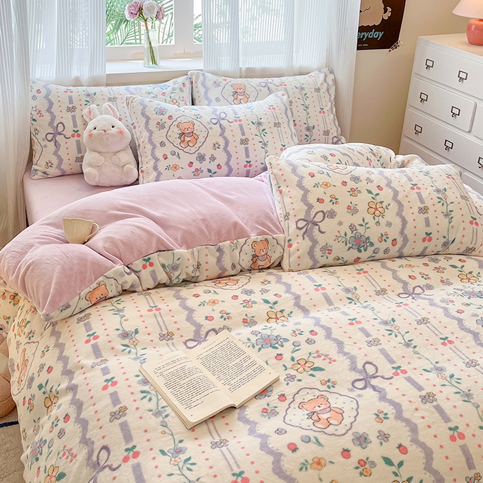 91家纺网 家纺一手货源 找家纺 慕澄家纺 2024新款小清新可爱印花牛奶绒加厚保暖四件套 森系物语