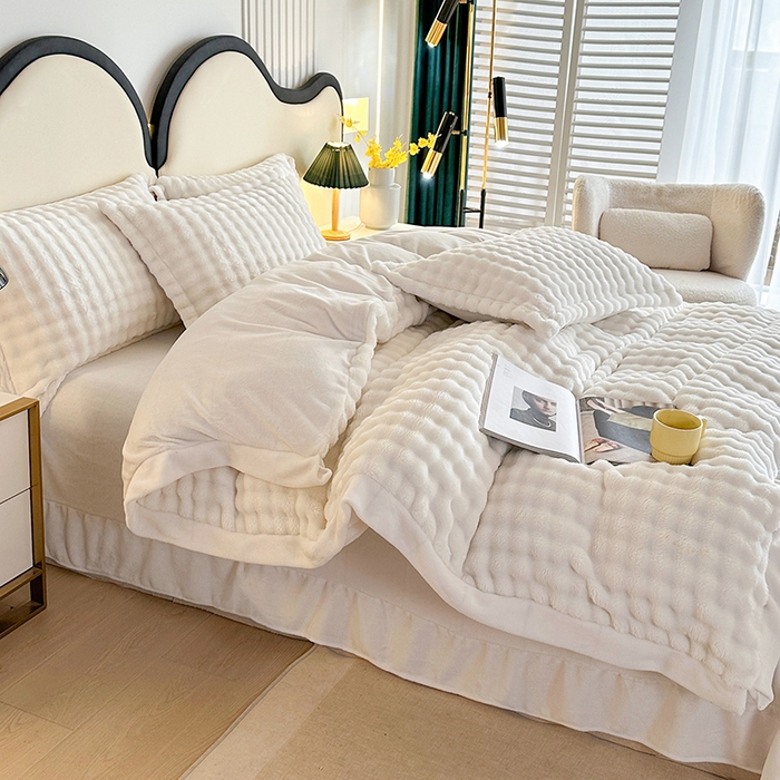 91家纺网 家纺一手货源 找家纺 芸锦豪 2024新款仿兔毛小泡泡兔兔绒兔毛绒四件套 纯白