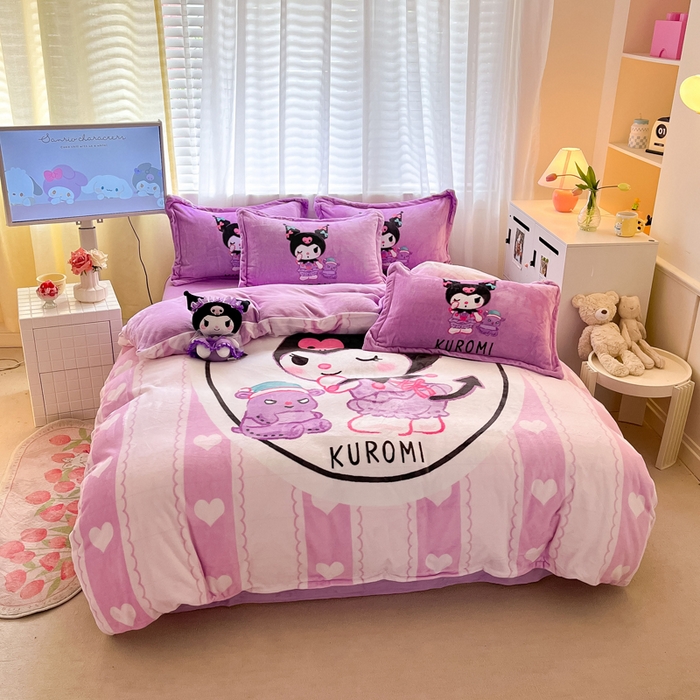 91家纺网 家纺一手货源 找家纺 金爱家 2024新款三丽鸥大版加厚牛奶绒四件套-第二批 爱心库洛米-