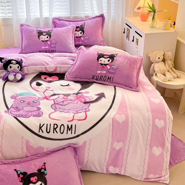 91家纺网 家纺一手货源 找家纺 金爱家 2024新款三丽鸥大版加厚牛奶绒四件套-第二批 爱心库洛米-