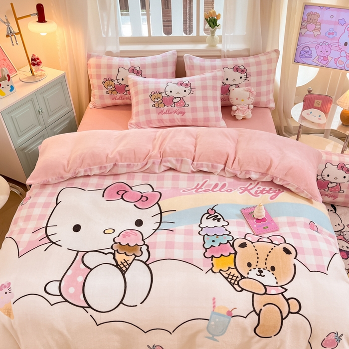 91家纺网 家纺一手货源 找家纺 金爱家 2024新款三丽鸥大版加厚牛奶绒四件套-第二批 绒大版-R彩虹甜筒kitty