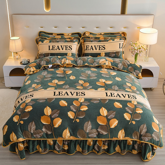 91家纺网 家纺一手货源 找家纺 阿亮家居 2024新款8.5斤保暖牛奶绒金貂绒床裙款四件套 落叶知秋