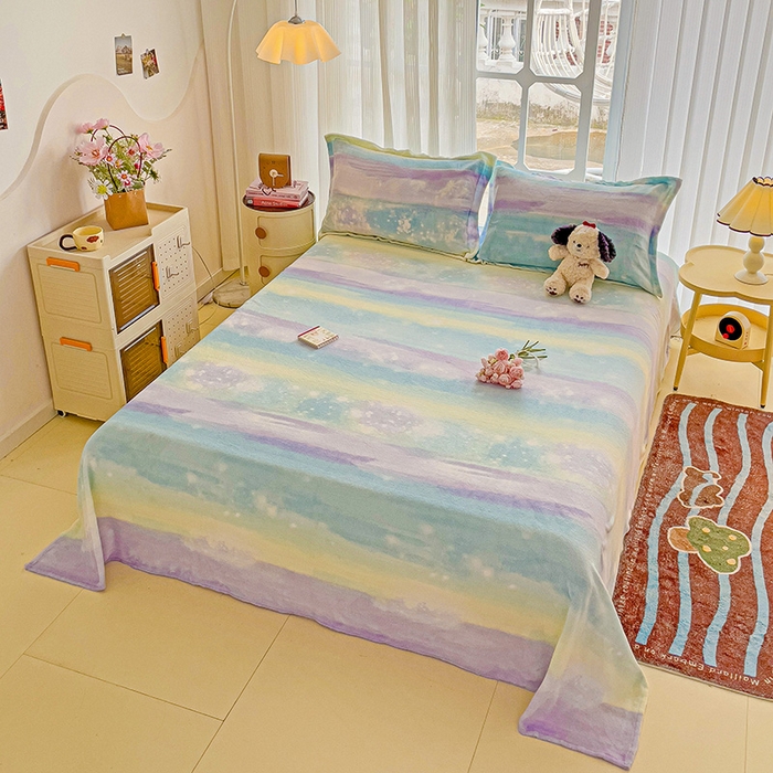 91家纺网 家纺一手货源 找家纺 名兮家居 2024新款时尚卡通风高克重牛奶绒床单-盖毯 彩色的梦