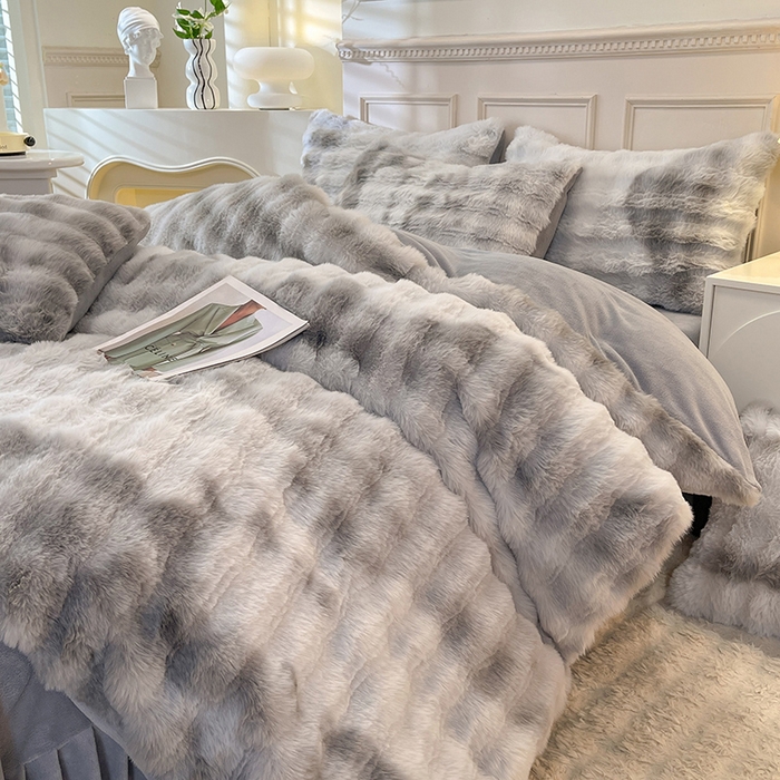 91家纺网 家纺一手货源 找家纺 绒世界 2024新款500克仿兔绒七彩大泡泡四件套 七彩-高级灰
