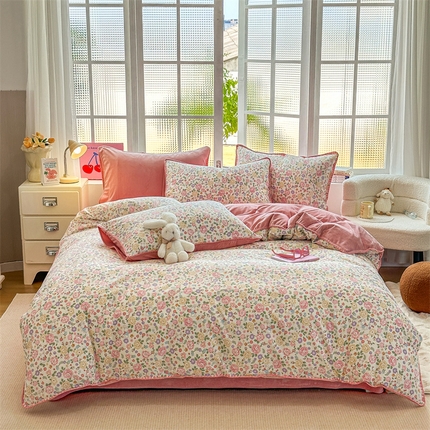 2025新款三角针贝壳边棉加牛奶绒工艺款四件套 花园芬芳