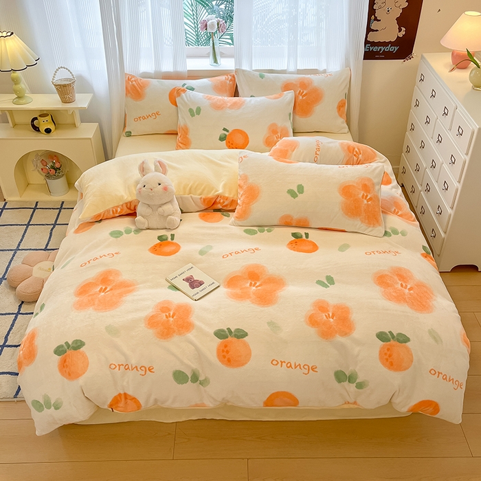 91家纺网 家纺一手货源 找家纺 慕澄家纺 2024新款小清新可爱印花牛奶绒加厚保暖四件套 橙意满满