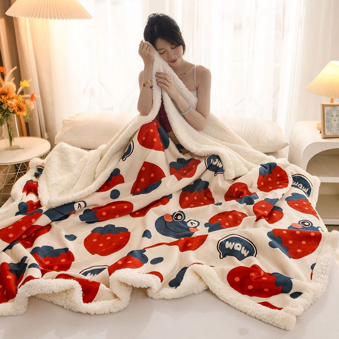 91家纺网 家纺一手货源 找家纺 2025新款毛毯AB版牛奶绒+羊羔绒毯子复合多功能午睡毯 草莓-兰