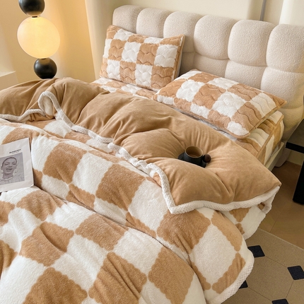 2024新款A类北极绒格子-条纹系列宽包边加厚被套（暖光图） 棋盘格-奶咖