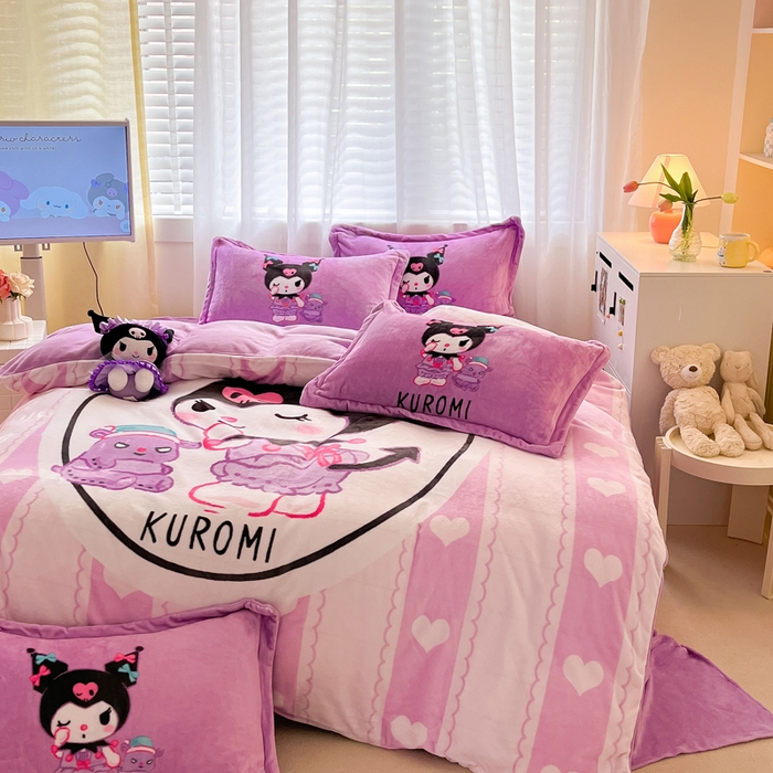 91家纺网 家纺一手货源 找家纺 金爱家 2024新款三丽鸥大版加厚牛奶绒四件套-第二批 爱心库洛米-