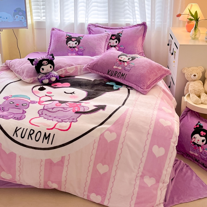 91家纺网 家纺一手货源 找家纺 金爱家 2024新款三丽鸥大版加厚牛奶绒四件套-第二批 爱心库洛米-